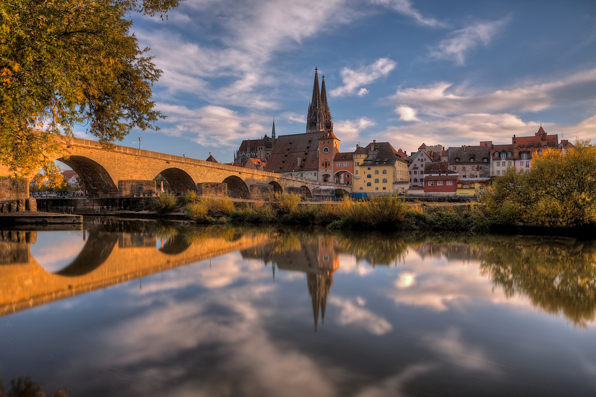 germany bayern munich regensburg cathedral house autumn october sky tree river bridge reflection hdr