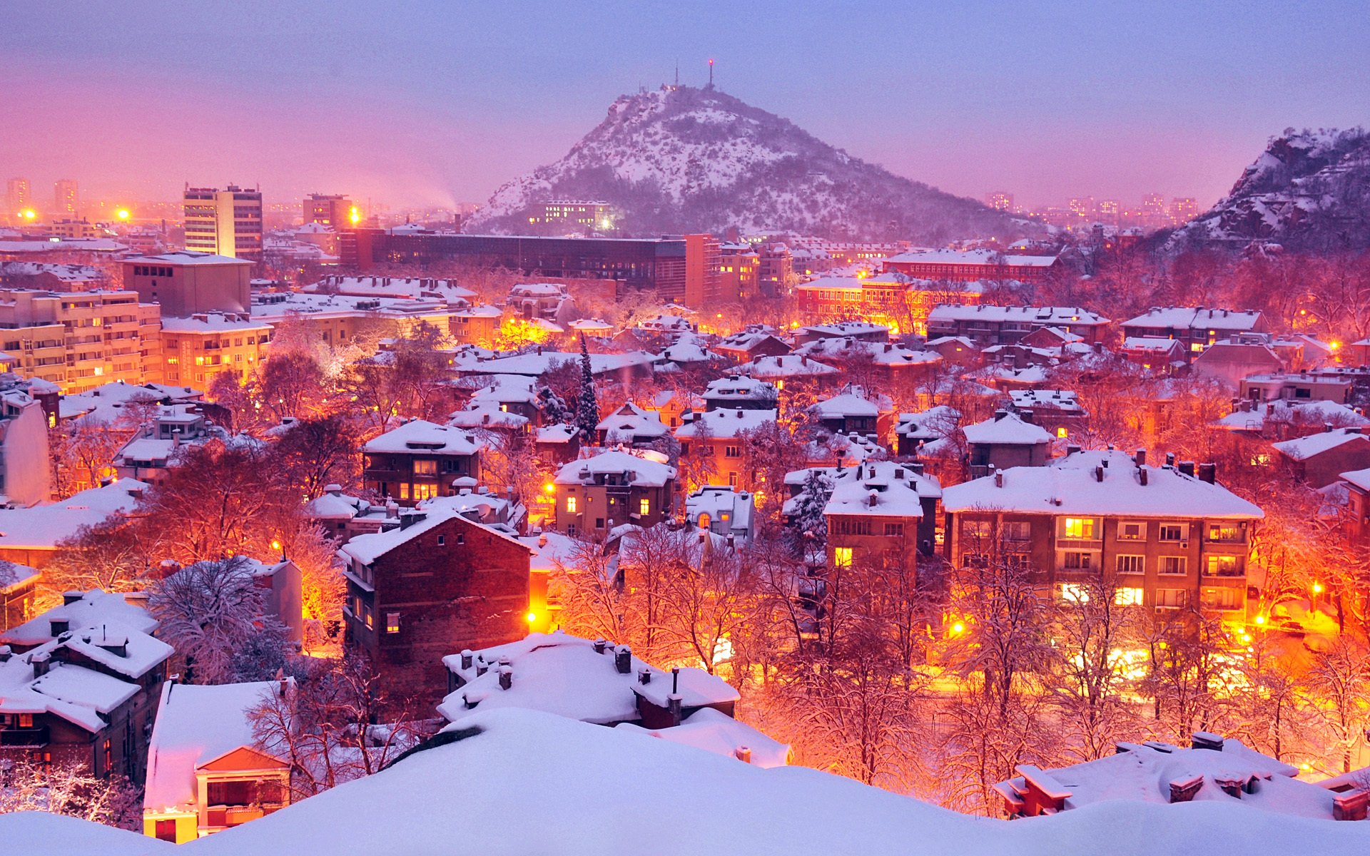 plovdiv bulgaria city lanterns winter winter lights light snow mountain houses tree