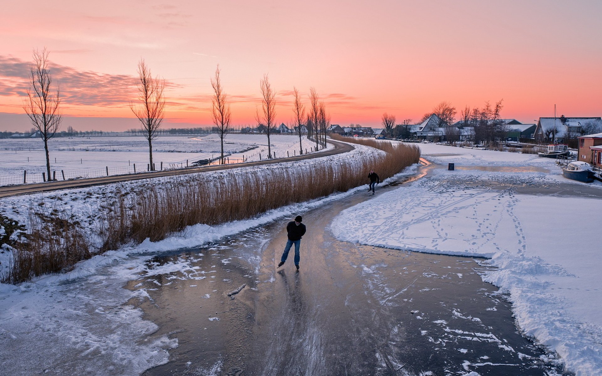 straße winter eis häuser sonnenuntergang