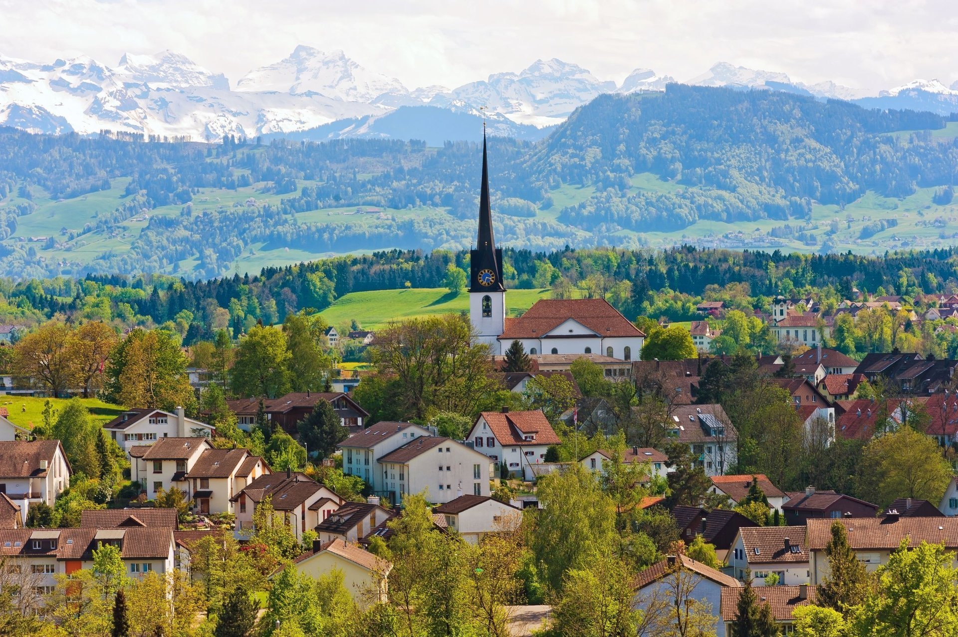 witzerland gossau montañas iglesia suiza casas edificios