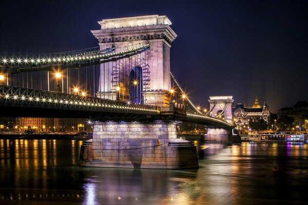 Luminous night bridge on the river