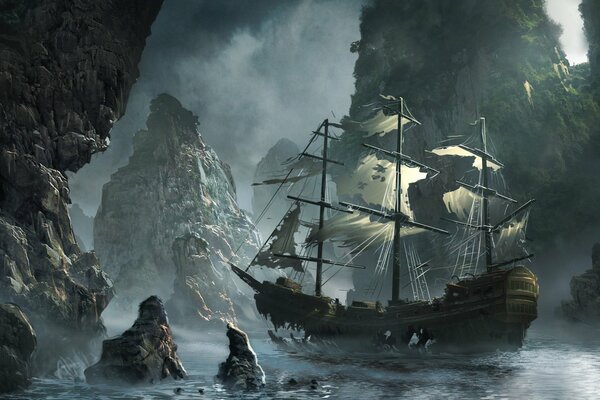 A dilapidated ghost ship among the rocks at sea