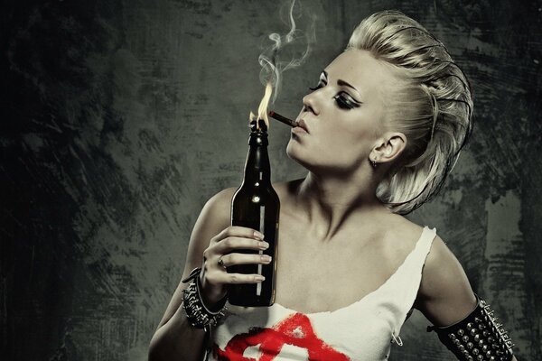 Punk woman lights a cigarette