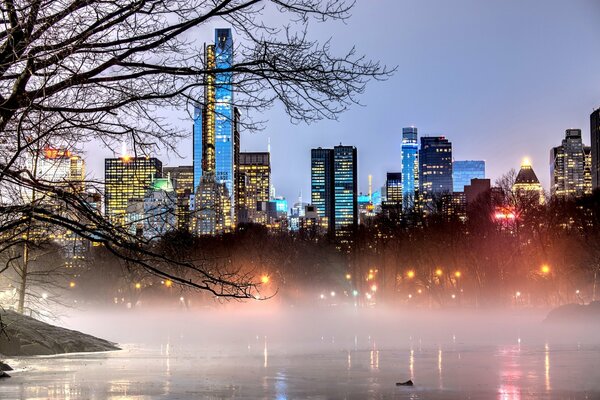 Brouillard dans le parc au-dessus de Manhattan