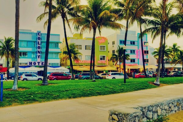 A bright street in Miami with hotels