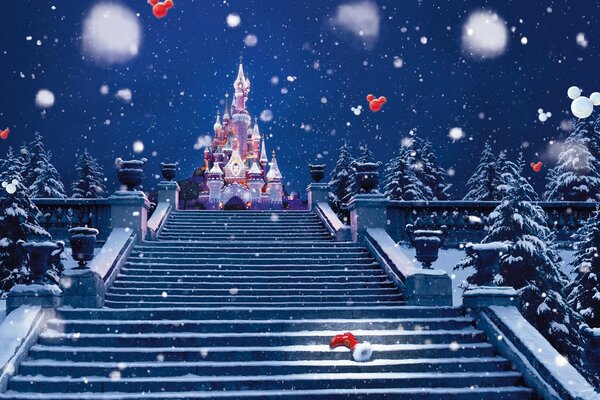 Castillo de Disney en invierno con nieve