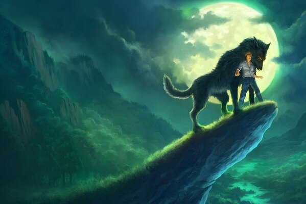 Paesaggio nei toni del verde e del blu di un lupo su una scogliera sullo sfondo di una grande luna con nuvole di fronte a lui c è un uomo