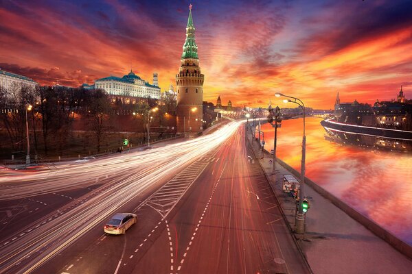 Night road near the Moskva River