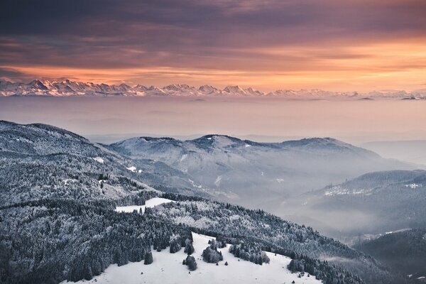 Brouillard alpin dans les montagnes en hiver