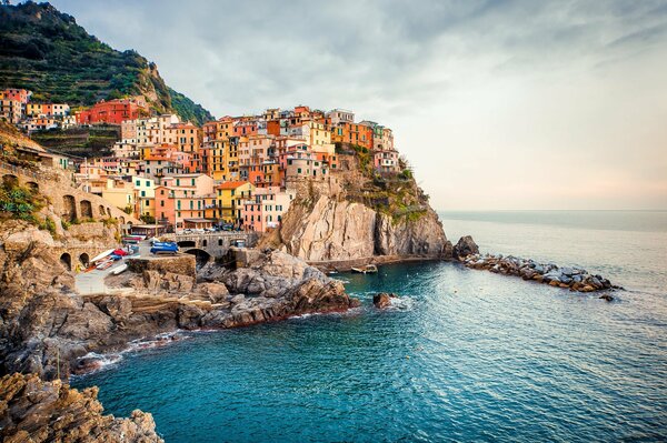 Houses on the rocks by the sea landscape