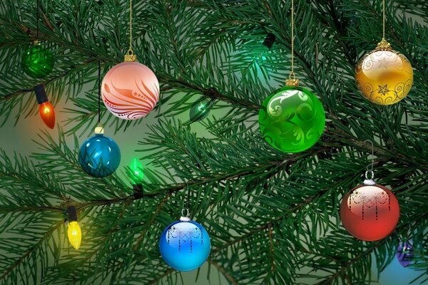 Christmas balls on a green Christmas tree