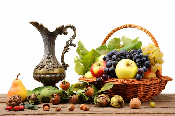 Still life with an exquisite jug and a basket of juicy fruits