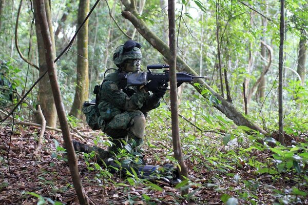 Soldiers with weapons in nature