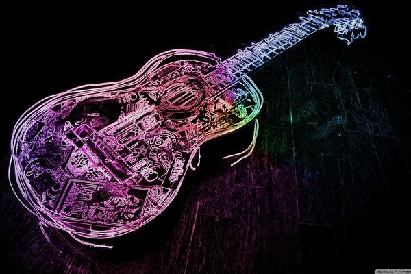 Guitarra acústica en patrones coloridos luminosos