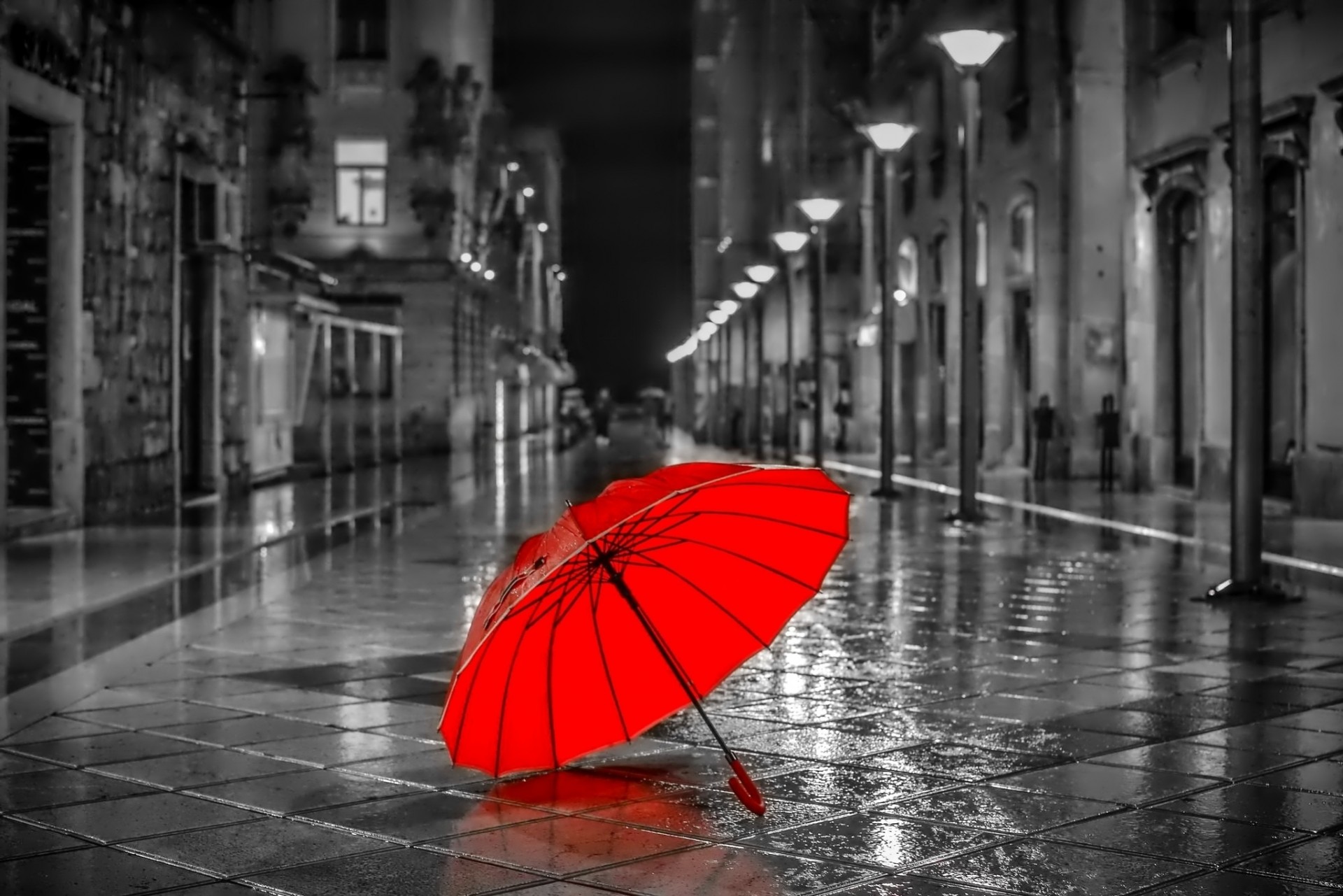 pavement street grey red umbrella mood house