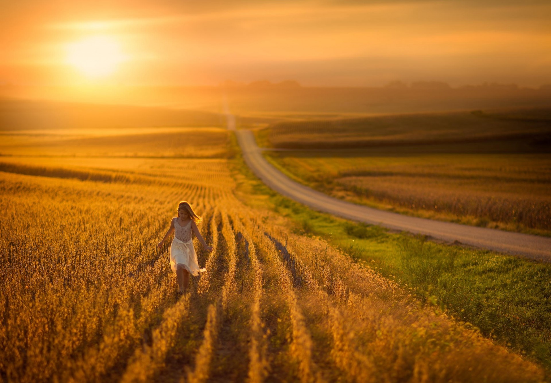 campo spazio strada ragazza luce solare