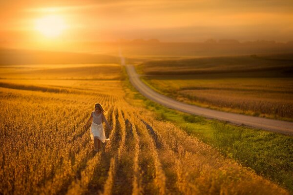 Das Mädchen läuft im Sonnenuntergang über das Feld