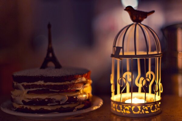 Sponge cake with cream near the cage with a bird