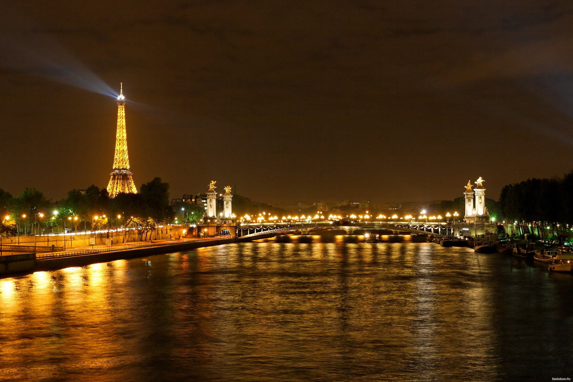 paris eiffel tower water town lights night