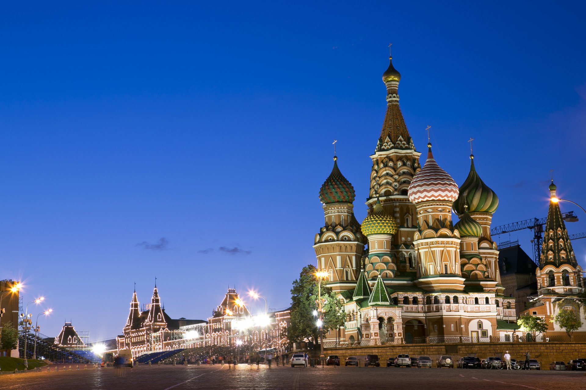 russia moscow capital town red square st. basil s cathedral blue sky night lights lighting lamp