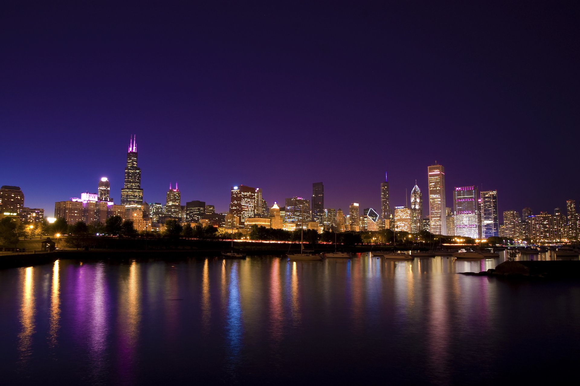 usa illinois chicago city evening lights embankment yachts park