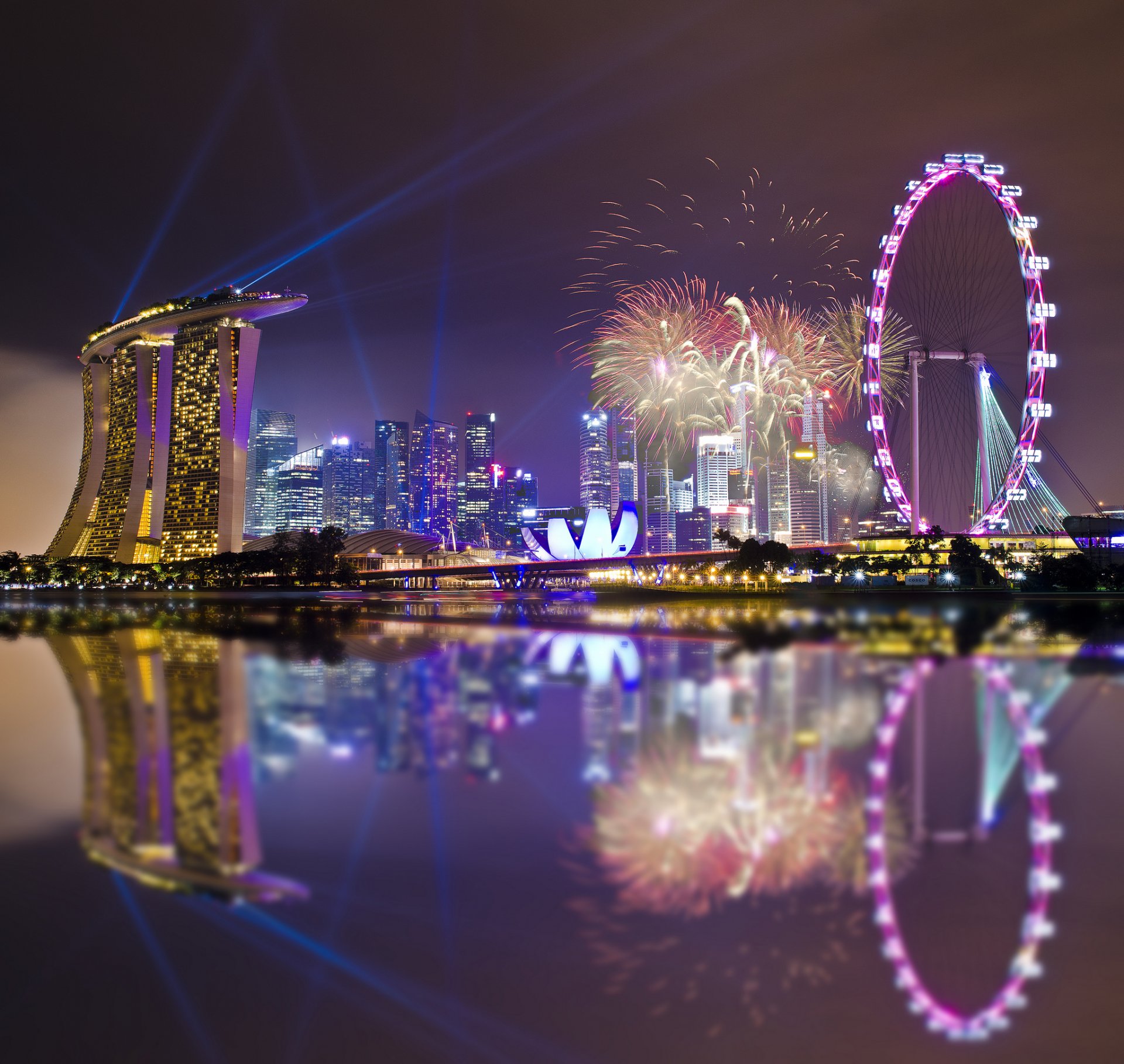 ingapore gardens by the bay night architecture skyscrapers lights sky reflection holiday firework city state metropolis skyscraper light gulf firework