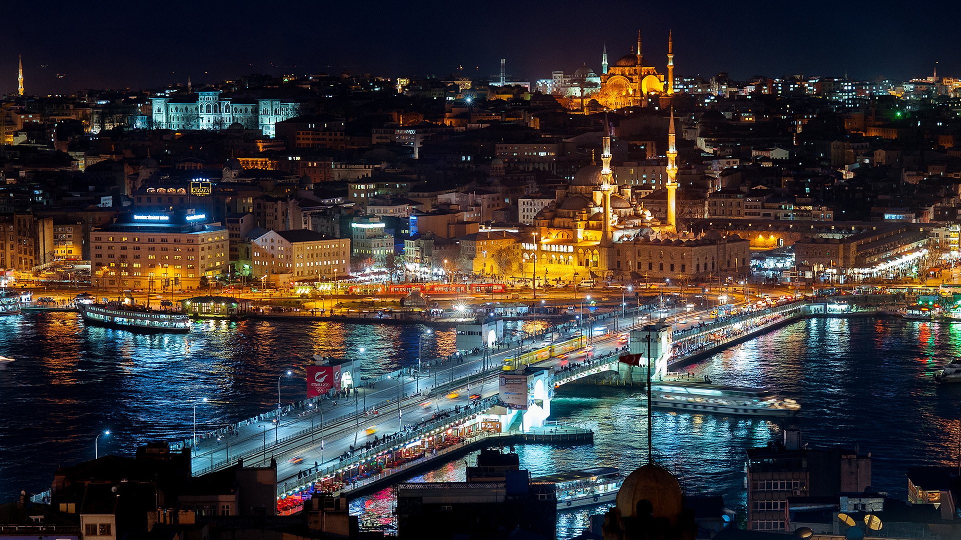 city istanbul turkey night lights bosphorus galata tower mosque movement landscape light water