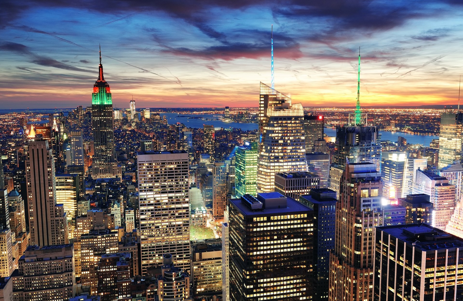 nueva york estados unidos rascacielos rascacielos casas edificios ciudad noche luces puesta de sol panorama