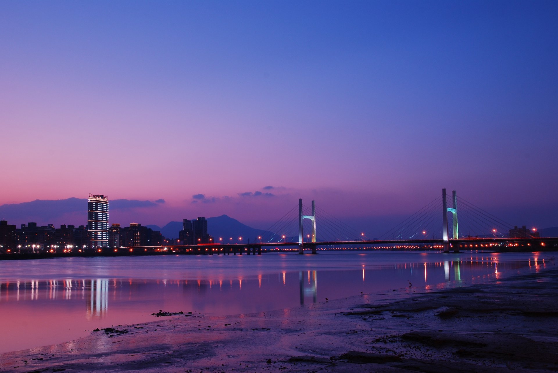 china taiwan taipei city night bridge lanterns river reflection purple sky clouds prc lights lilac