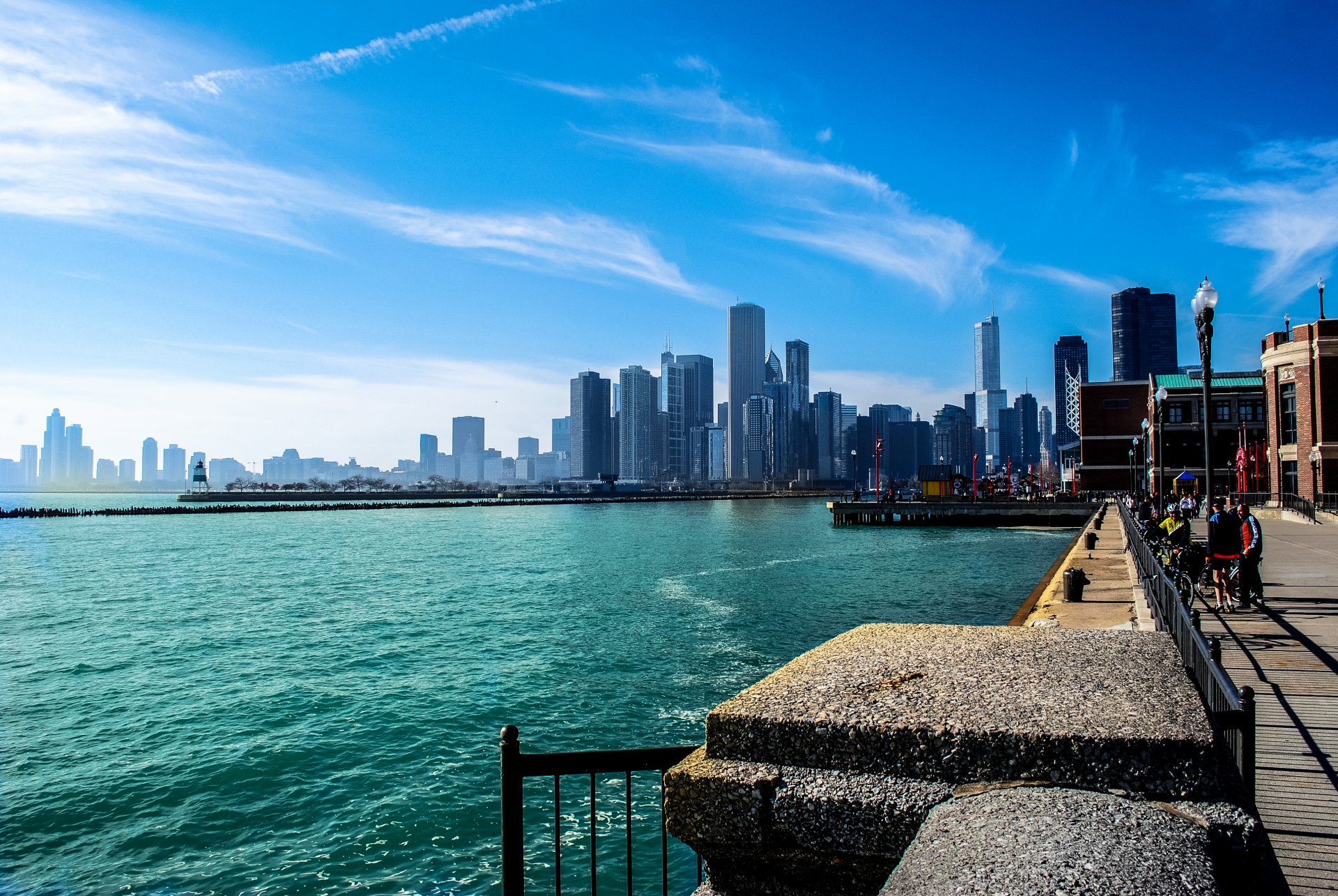 chicago illinois town river michigan skyscraper summer sky embankment people