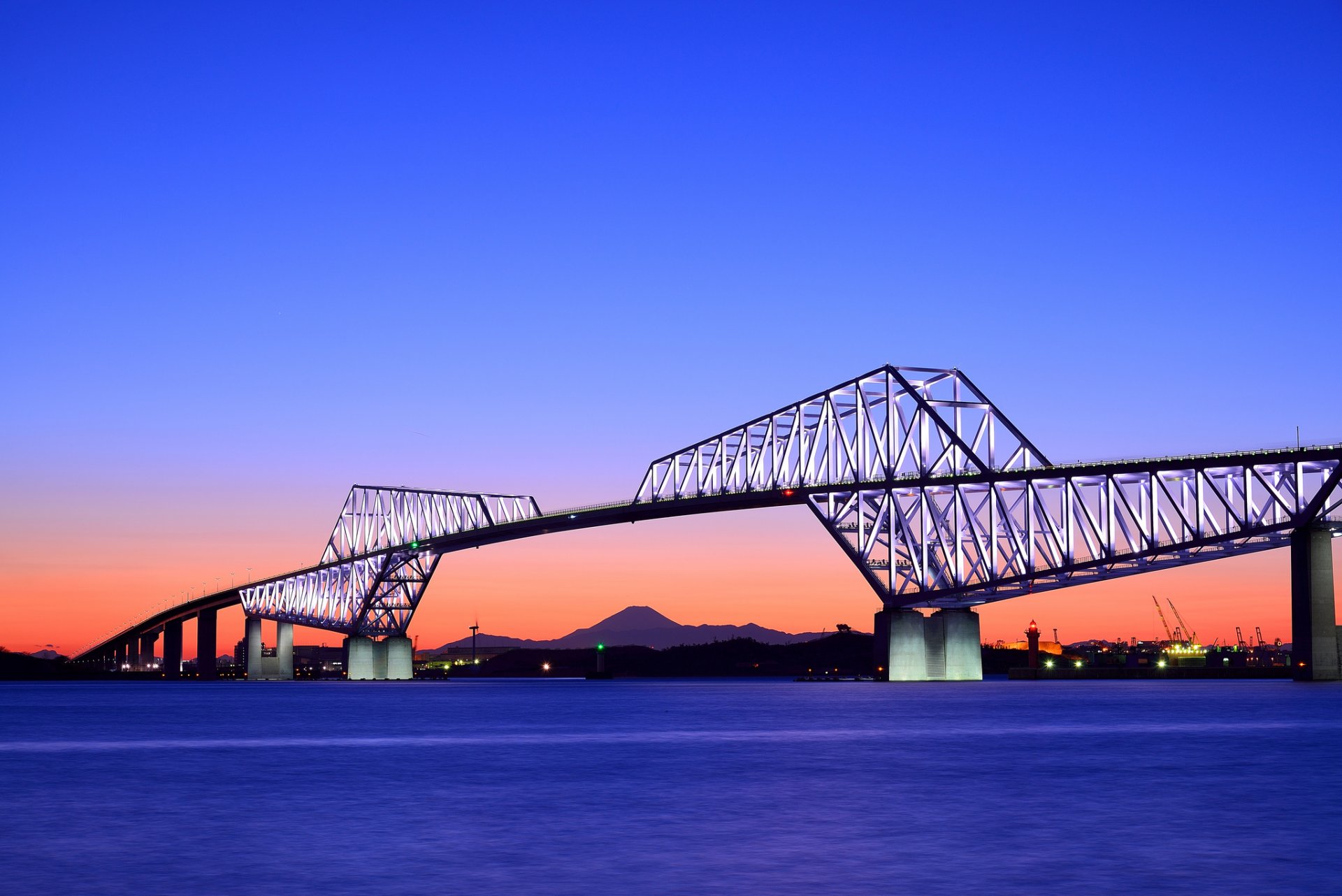 japan tokio hauptstadt brücke bucht abend orange sonnenuntergang blau himmel