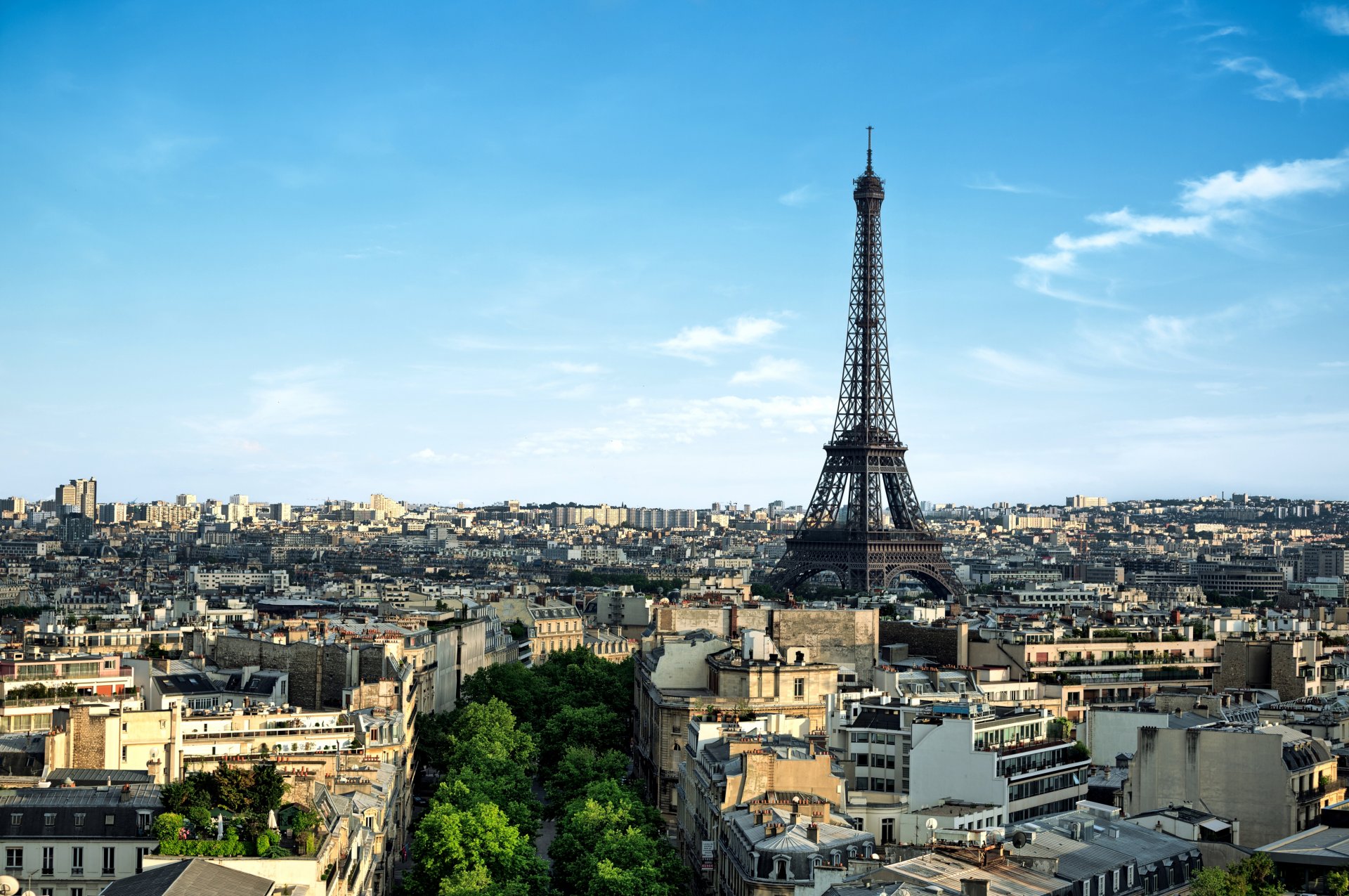 paryż francja la tour eiffel wieża eiffla miasto panorama poranek drzewa domy budynki architektura