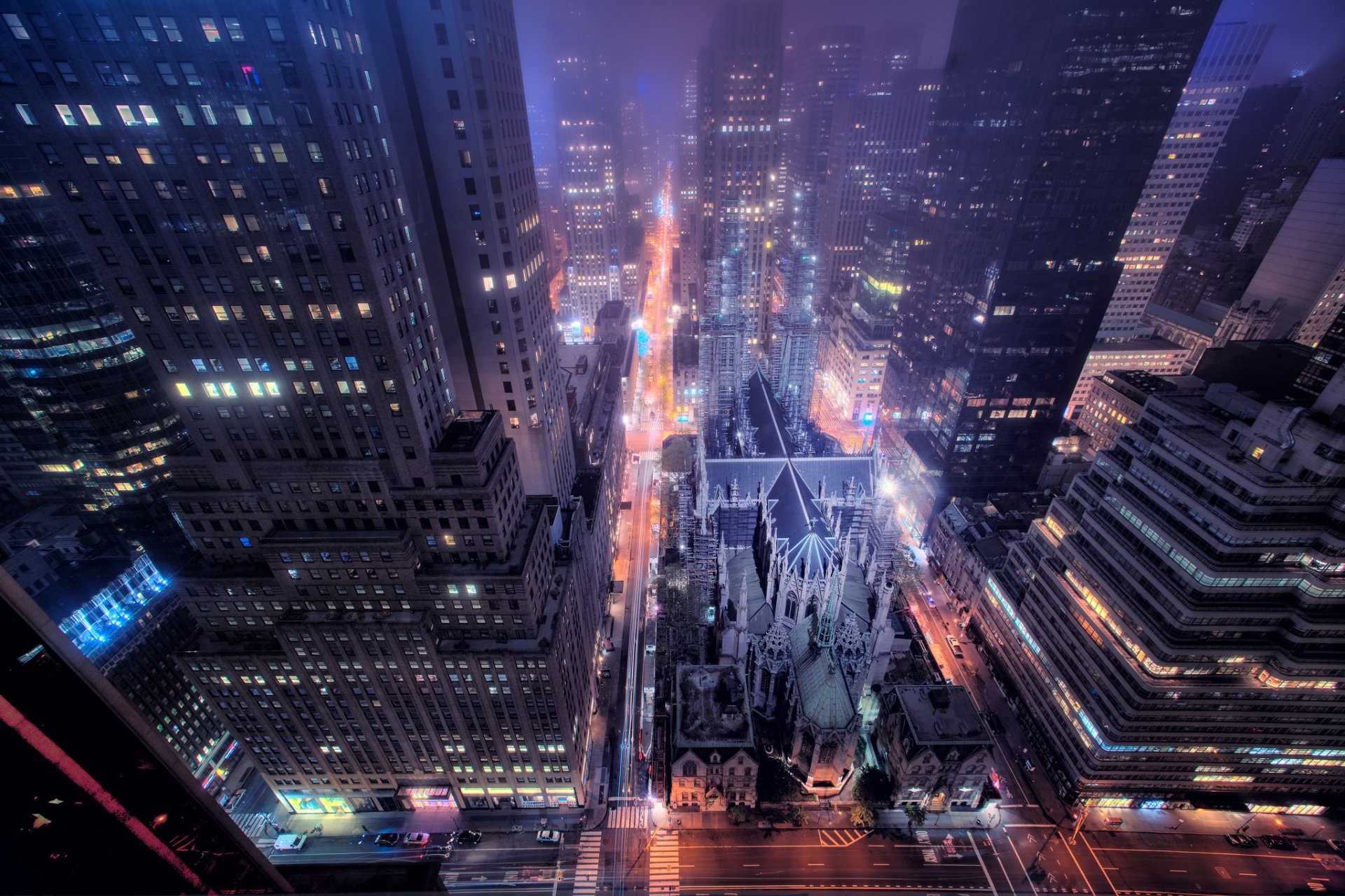 nueva york ciudad calle edificios ventanas noche carretera luces