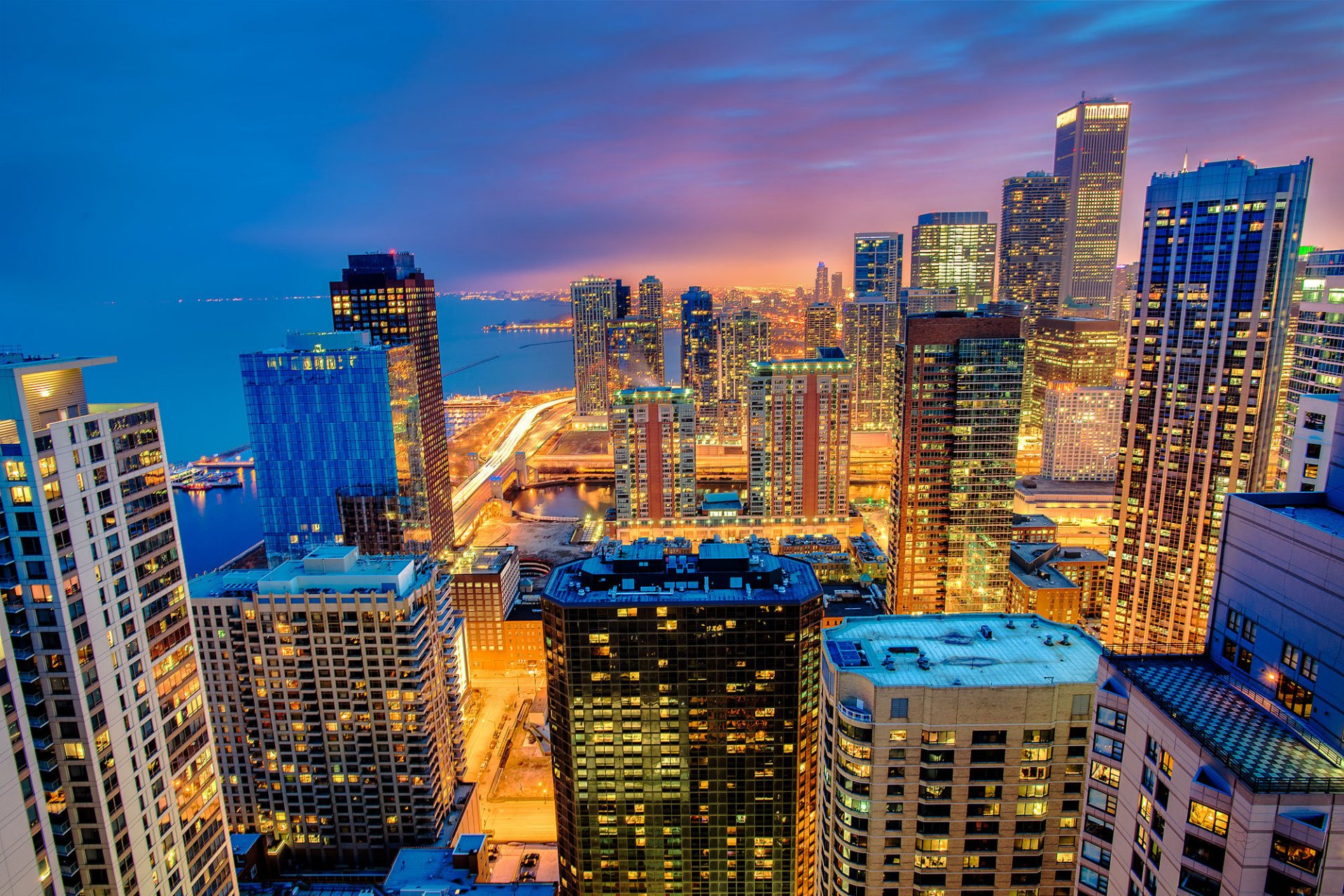 usa chicago illinois city night skyscrapers buildings lighting light view height panorama