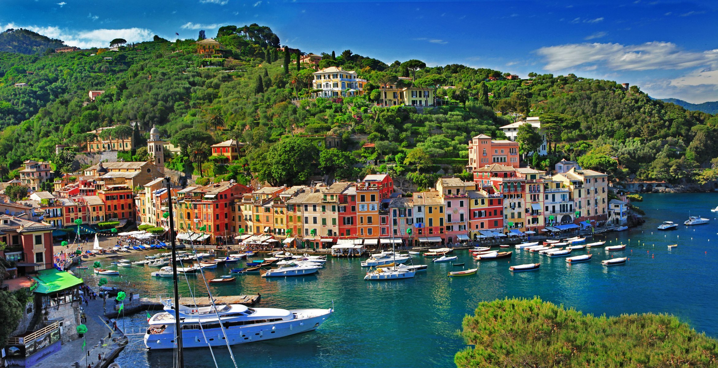 italien portofino provinz di genua provinz genua meer boote häuser gebäude stadt natur landschaft felsen küste bäume