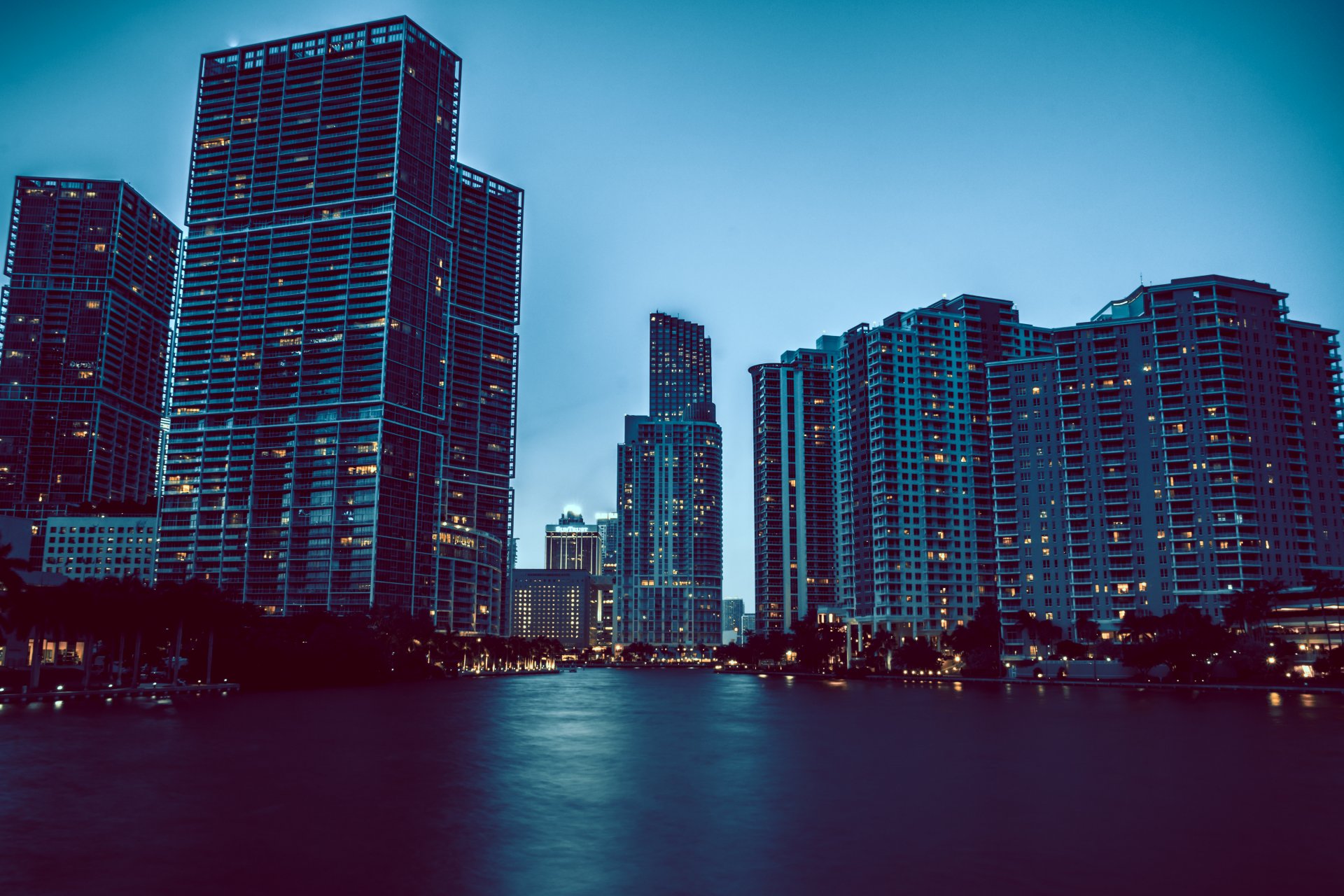 miami florida night lights water house skyscraper