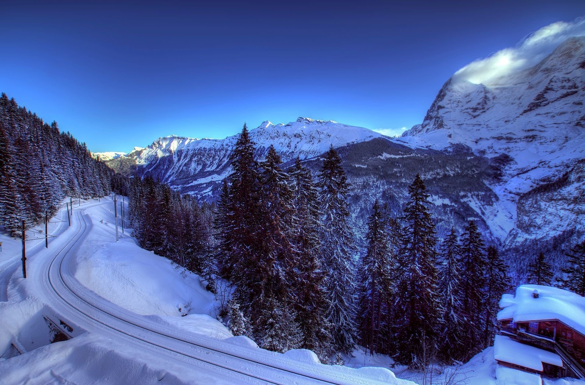 alpes suisse hiver neige arbres chemin de fer