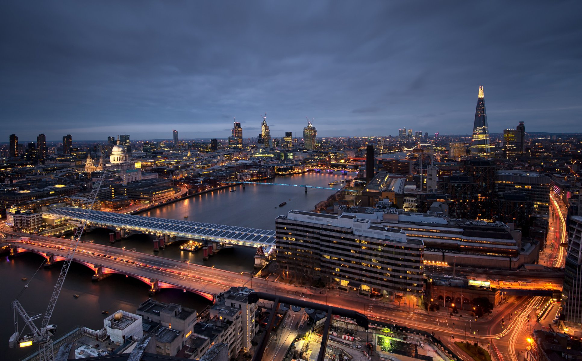 united kingdom england london capital canary wharf st. paul s cathedral tower bridge capital thames river city night skyscrapers buildings lighting lights exposure view height panorama