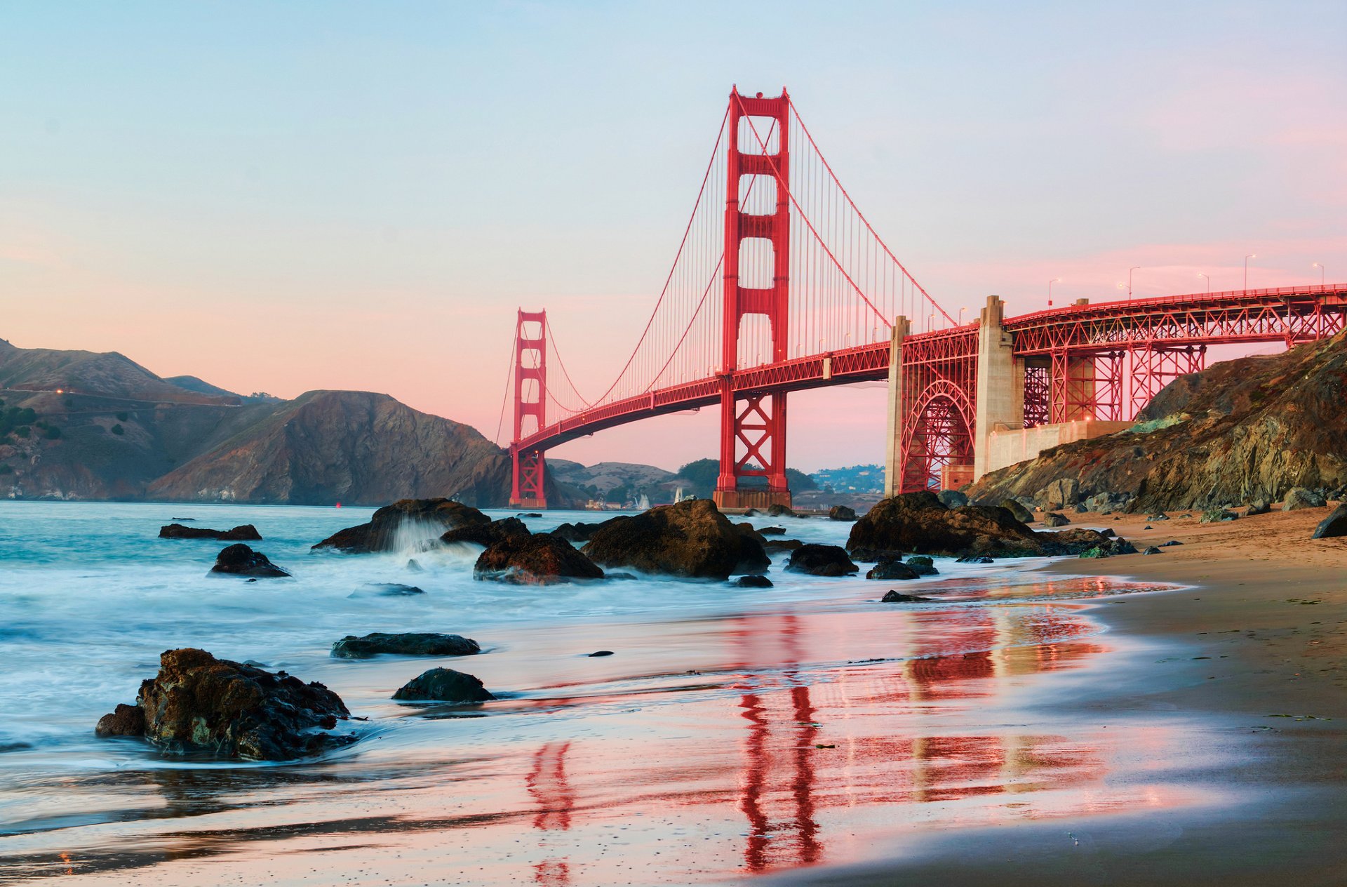 stadt san francisco kalifornien usa golden gate bridge golden gate inridge hängebrücke ufer strand wasser morgen derek slagle photography