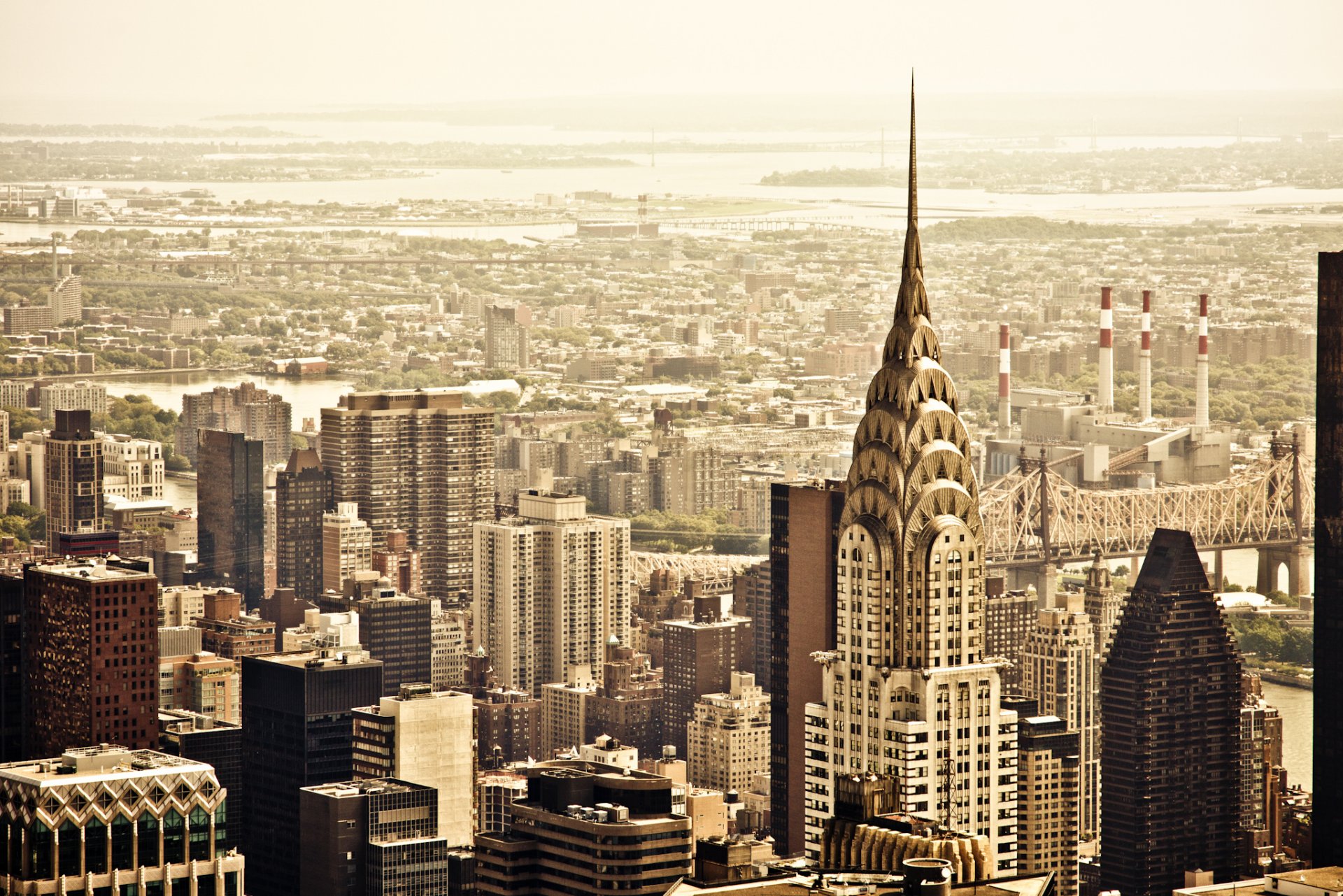 new york usa manhattan chrysler building queensboro bridge queensboro bridge city panorama view skyscrapers buildings houses roofs skyscraper