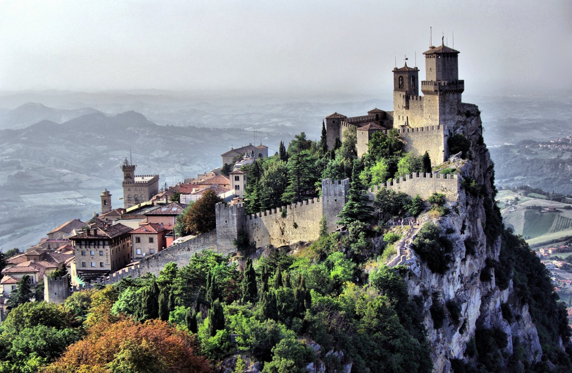 town country san marino landscape castle rock house buildings mountain sky