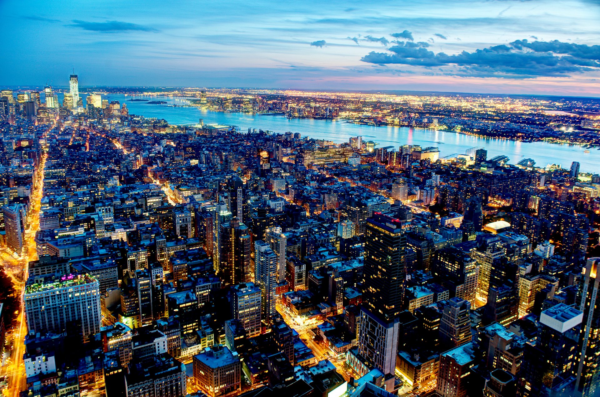 nueva york ciudad noche luces río rascacielos