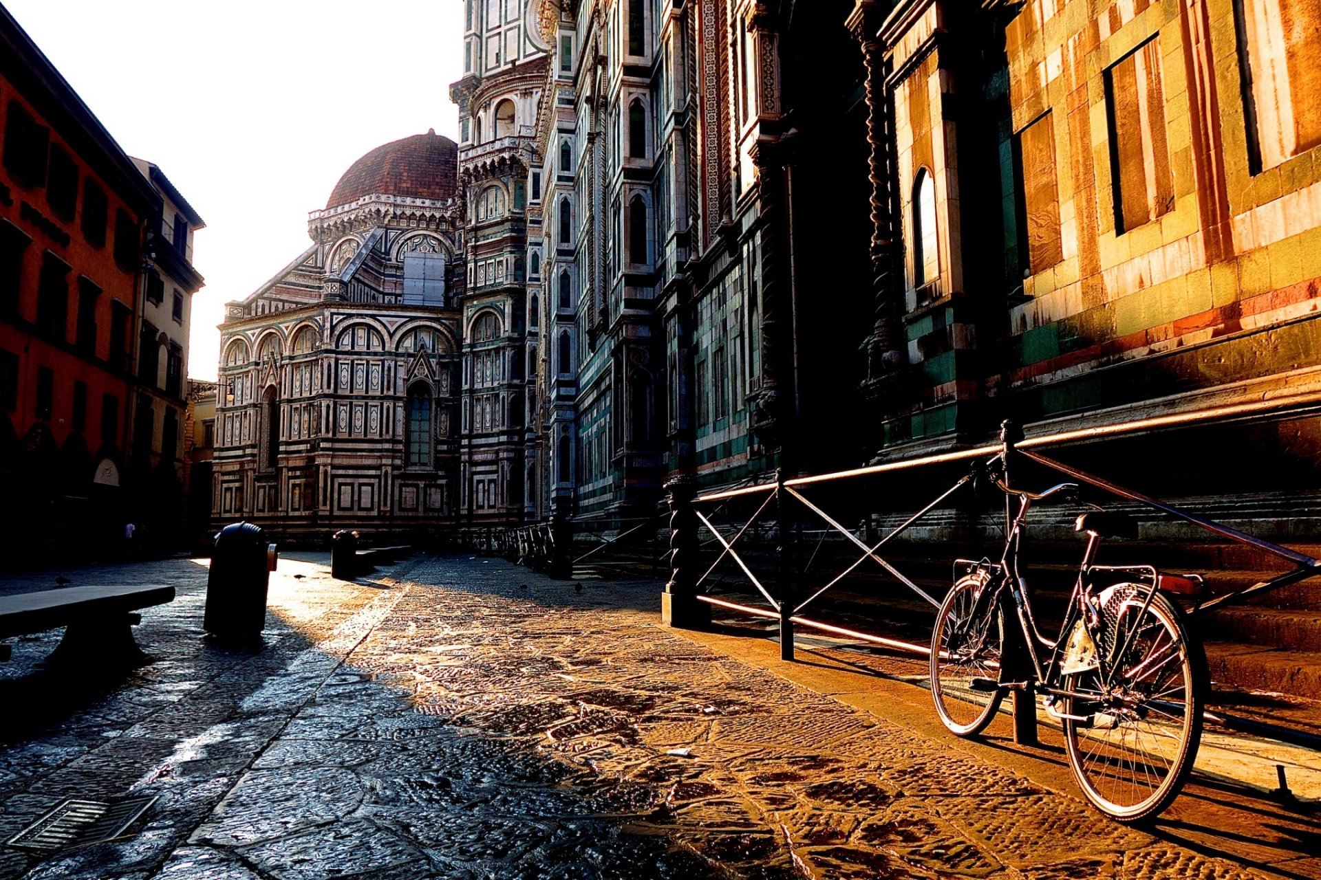 florence firenze tuscany italy city street houses buildings fence bicycle morning sunrise