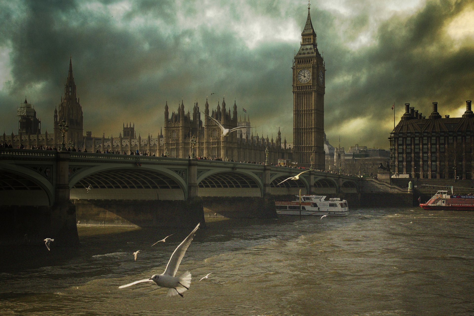 angleterre londres pont rivière oiseaux mouettes nuages