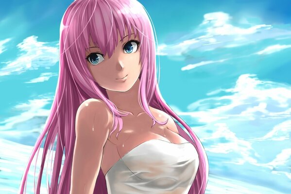 Chica de anime con el pelo rosa en el fondo del cielo azul