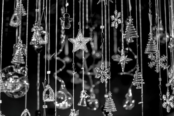 Glass hanging snowflakes, Christmas trees, bells