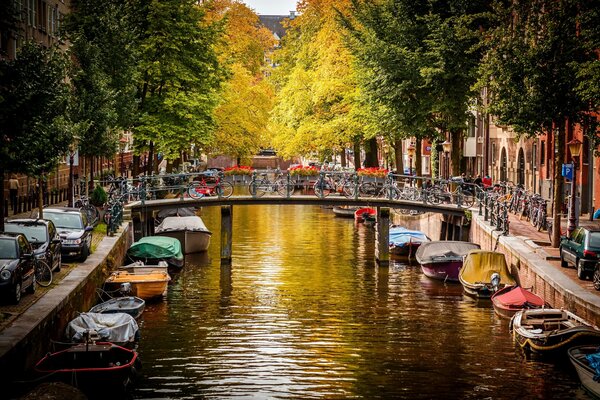 Brücke, Boote und Fahrräder in den herbstlichen Niederlanden