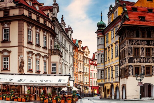 Romantic street in Prague with cafes