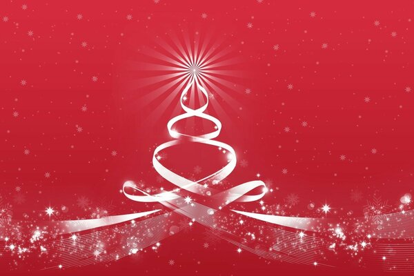 Christmas tree made of white ribbons on a red background