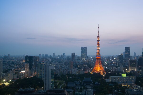 Les lumières de la tour à Tokyo au crépuscule